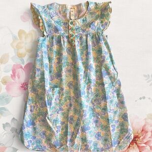 Matilda Jane Girls 8 Blue Floral Dress Henley Flutter Sleeve Patch Pockets